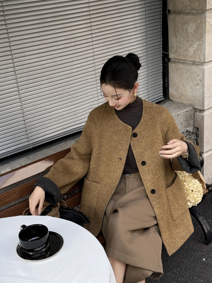 早秋新款戴帽气质双面羊毛外套宽松休闲简约25318