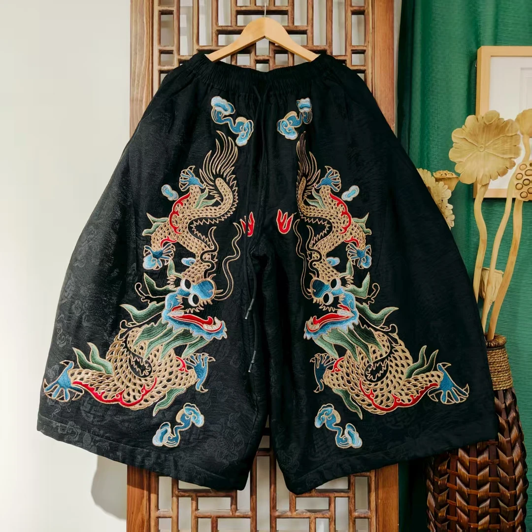 棉(LK040-92)凤徕兮定制黑色福禄底盘金龙刺绣全松紧花苞棉裤