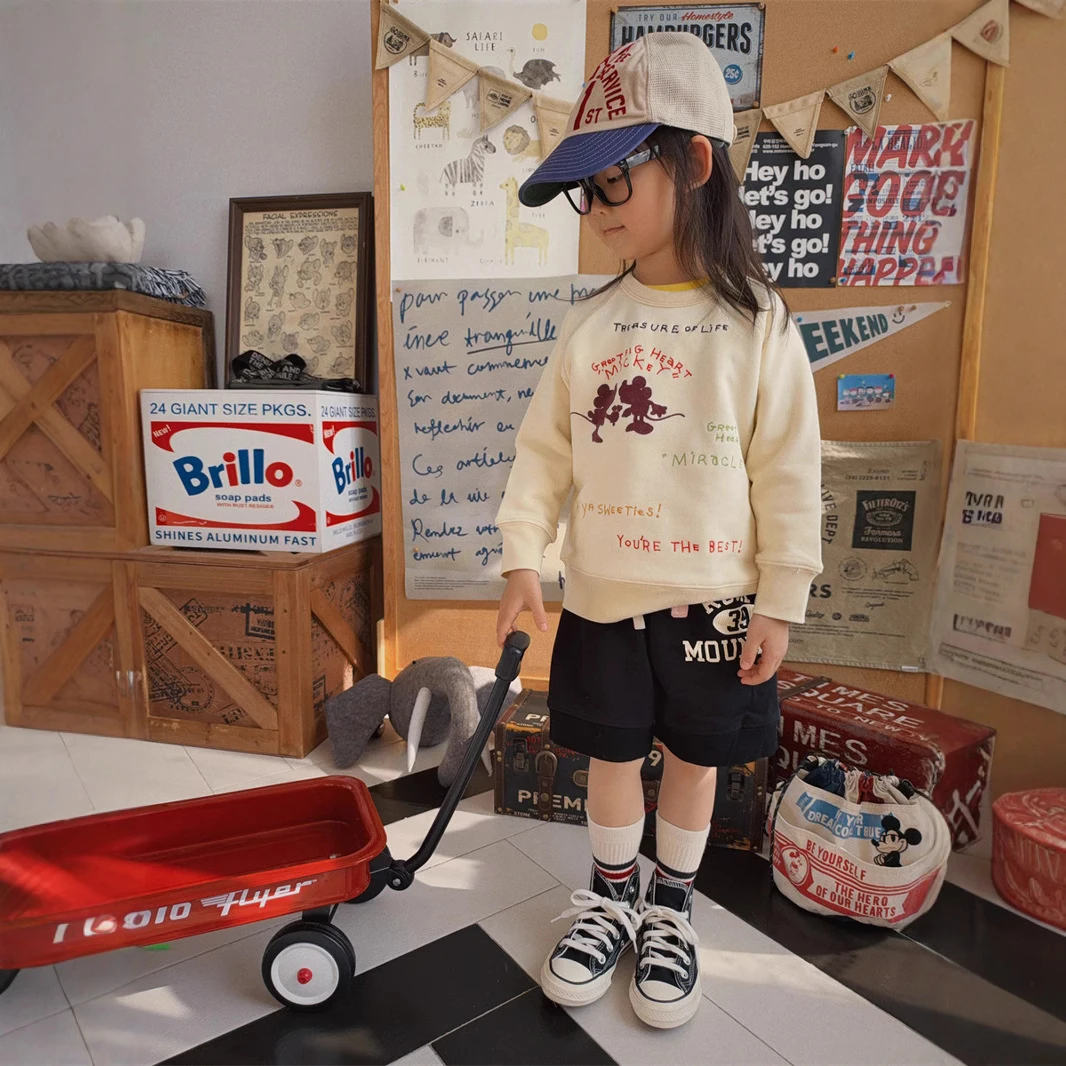 25AW 春款日系男女童卫衣刺绣贴布植绒圆领DD中古款打底衫