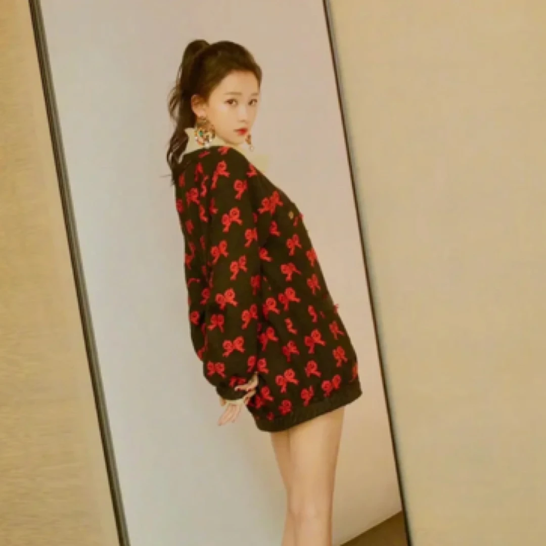 95新 GUCCI/古驰  pp283 棉 黑红金扣蝴蝶结开衫 36码