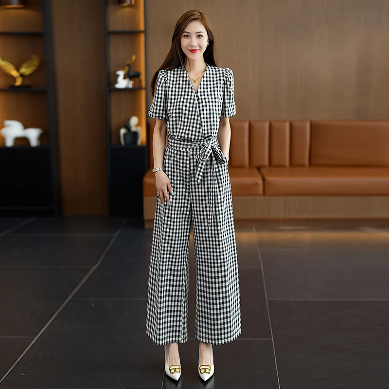 2025夏季新款小个子复古显瘦格子短袖上衣阔腿裤子休闲两件套装女