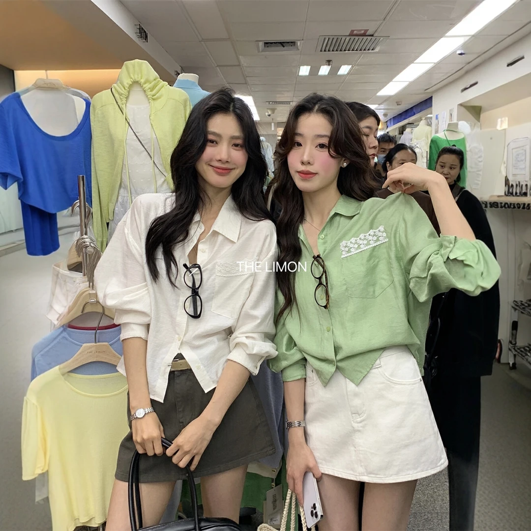 THE LIMON柠檬绿茶甜美蕾丝口袋拼接衬衣长袖防晒衬衫女上衣