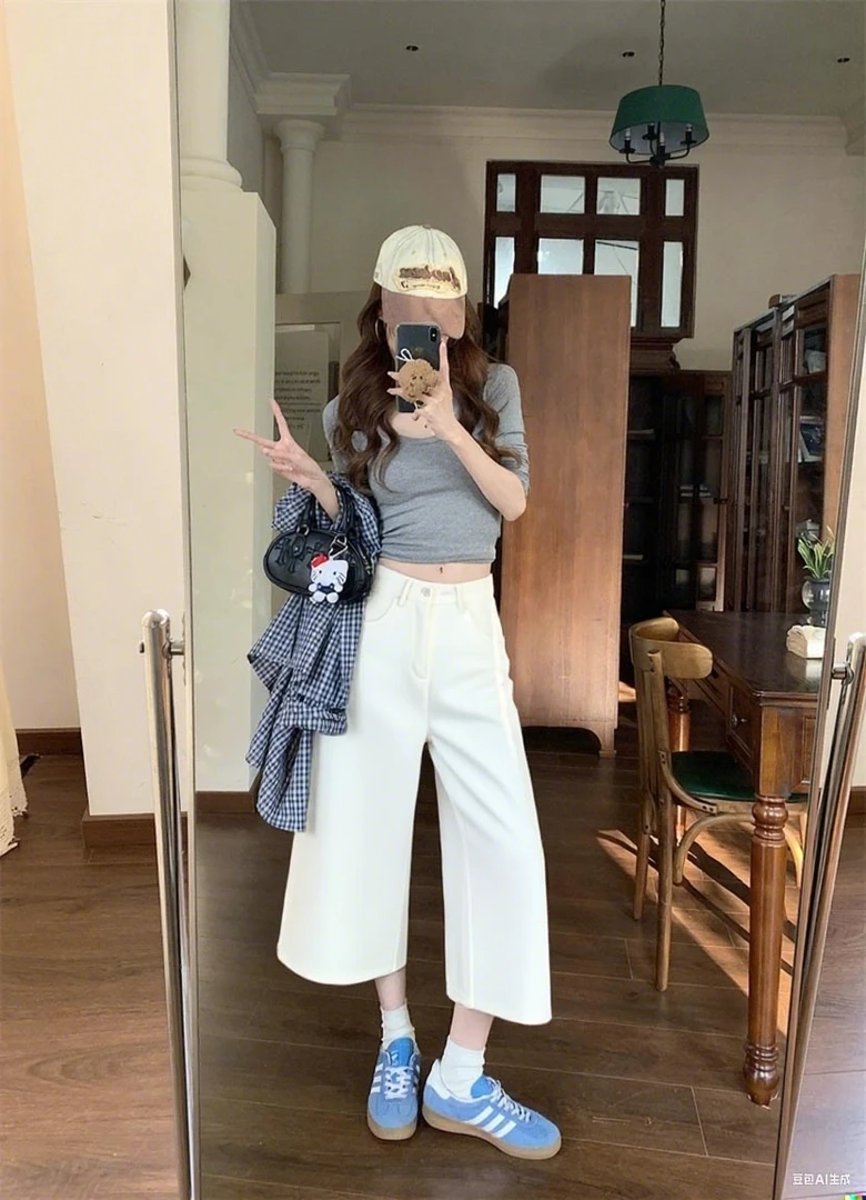 白色阔腿牛仔裤小个子高腰2025夏季新款显瘦宽松百搭八分牛仔裤