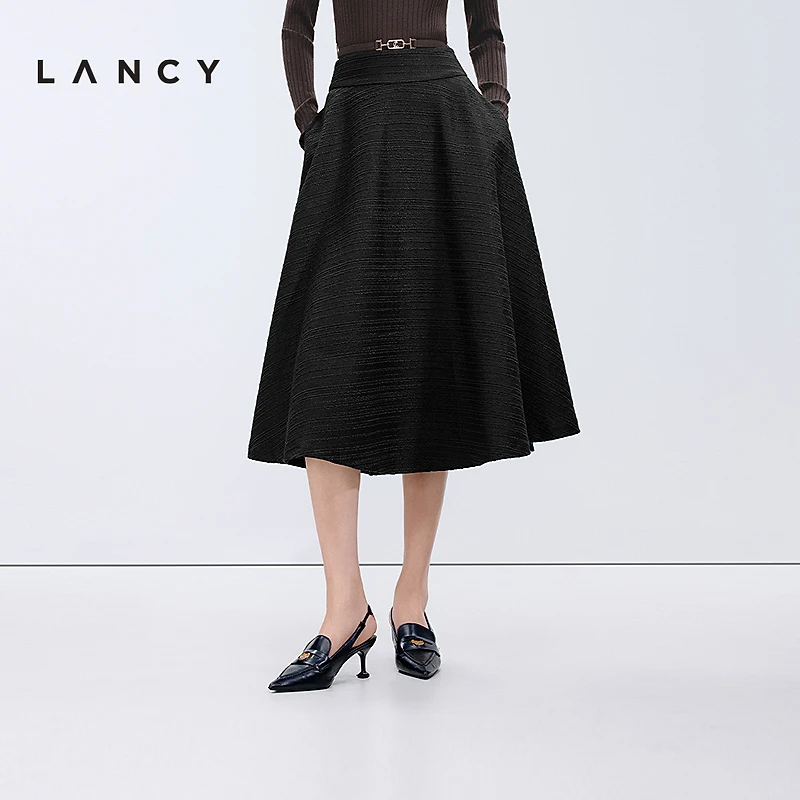 LANCY/朗姿2025春新款高级感高腰A字显瘦中长伞裙百搭通勤半身裙