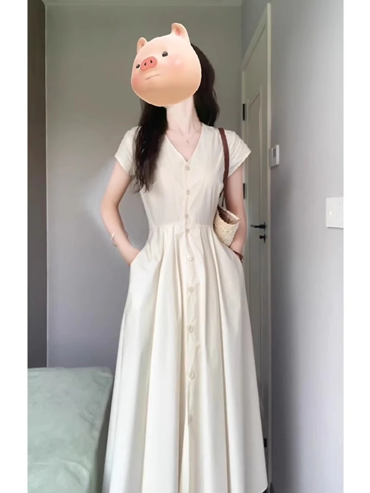 法式白色收腰露背气质长款夏季连衣裙