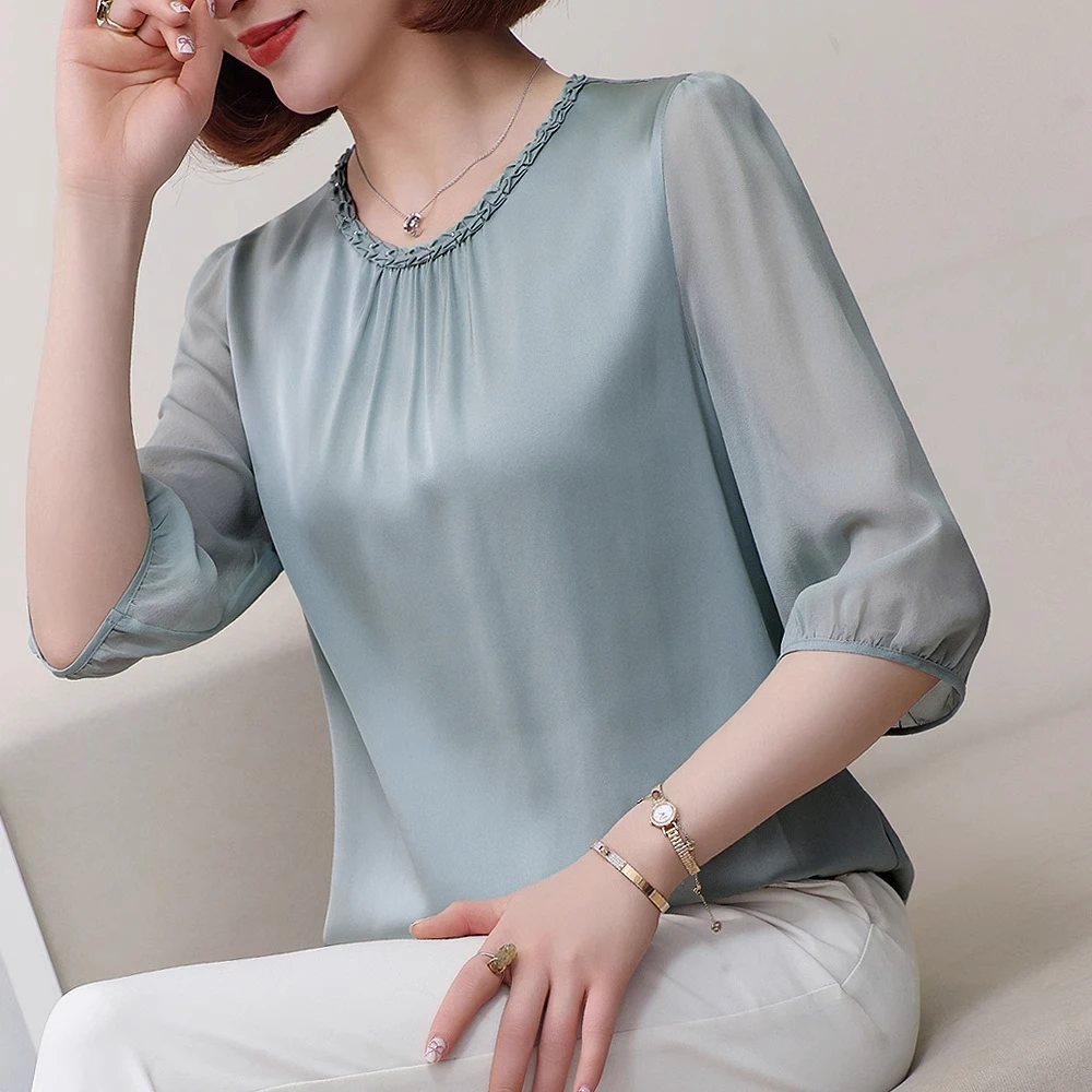 真丝上衣女2025夏新款宽松显瘦短袖衬衣阔太太轻奢妈妈桑蚕丝衬衫