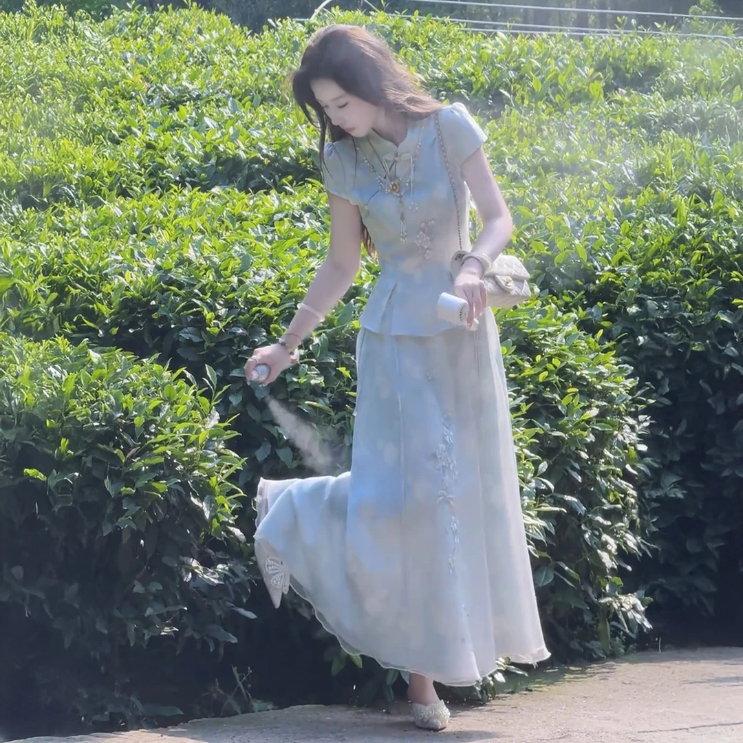 新中式国风套装女夏季新款高级感气质重工盘扣上衣半身裙子两件套