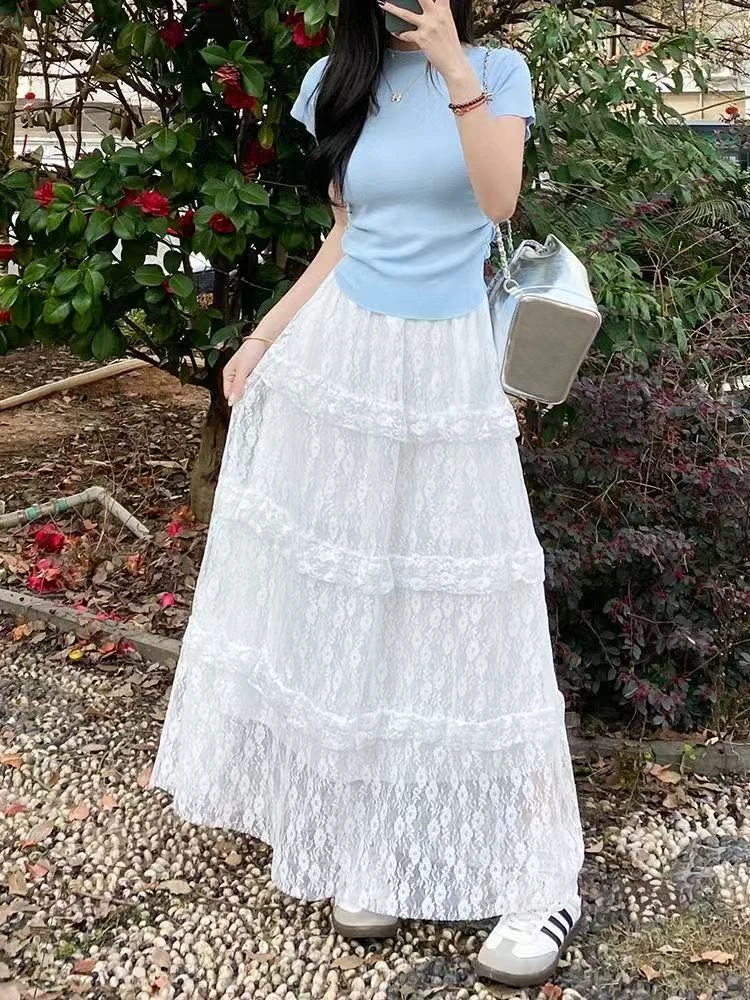 白色蕾丝半身裙女夏季高腰a字网纱裙长裙子小个蛋糕裙阴阳师联名