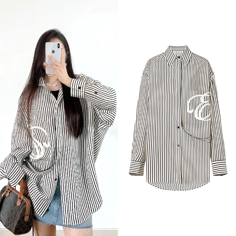 7121【ED】 2025春季新款条纹衬衫衬衣长袖休闲宽松设计感衬上衣