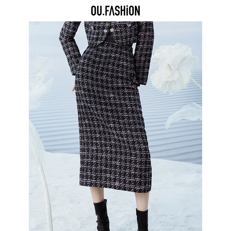 【商场同款】OU.FASHION/欧点小香风款格纹包臀裙长裙1112340576