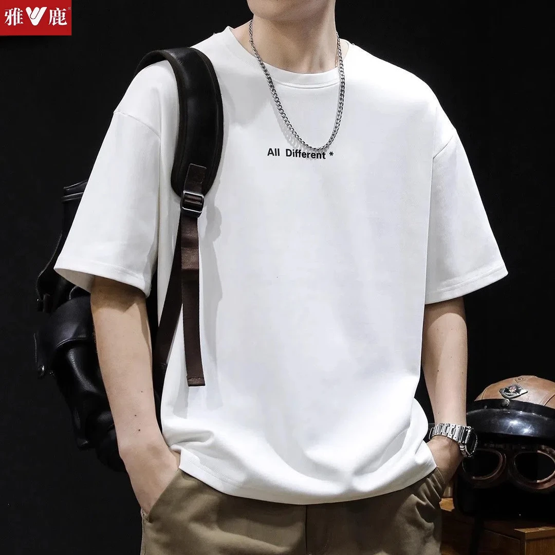 雅鹿重磅纯棉短袖T恤男士夏季新款2025爆款男休闲时尚印花圆领T恤