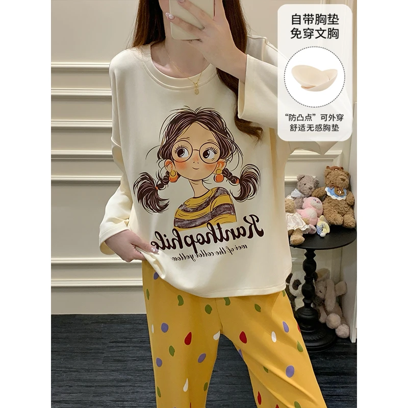 2025新款睡衣女春秋季长袖带胸垫波点可爱少女家居服套装可外穿