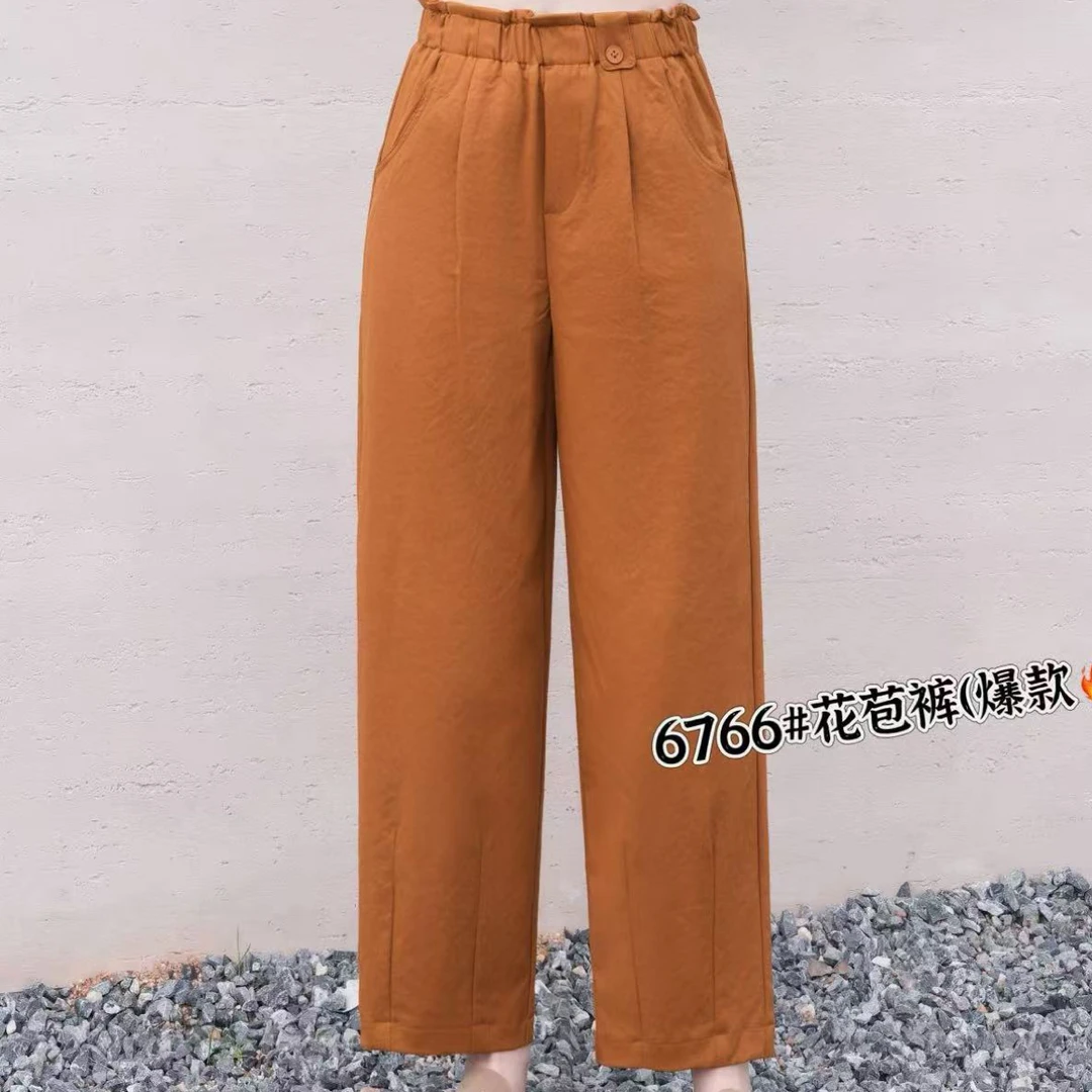 6766#【裤长90】高腰显瘦窄版九分一粒扣松紧腰花苞裤醋酸弯刀裤