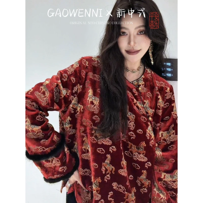 高温妮【马踏祥云】丝绒印花新中式袖口拼毛袖上衣 5e52619