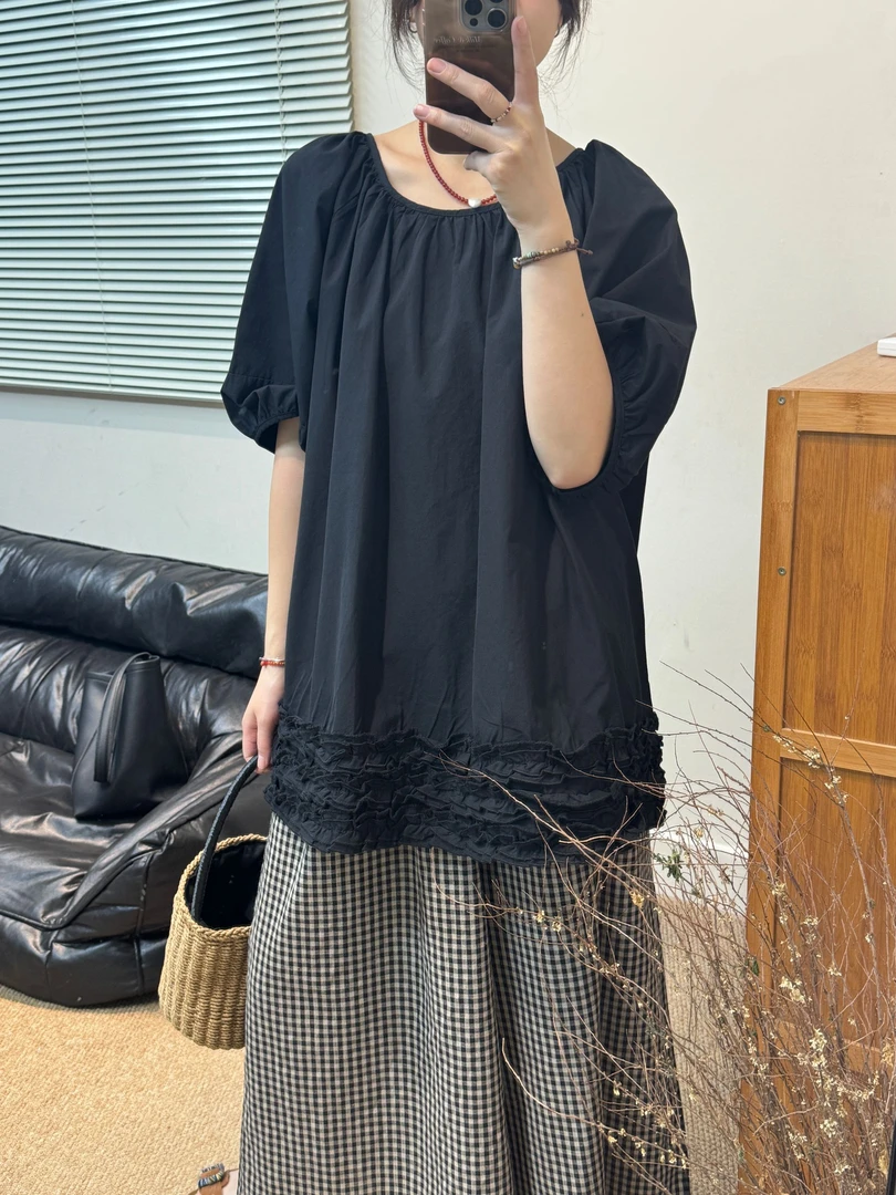 褶皱木耳边下摆短袖小衫2025夏季新款圆领法式宽松显瘦气质上衣女