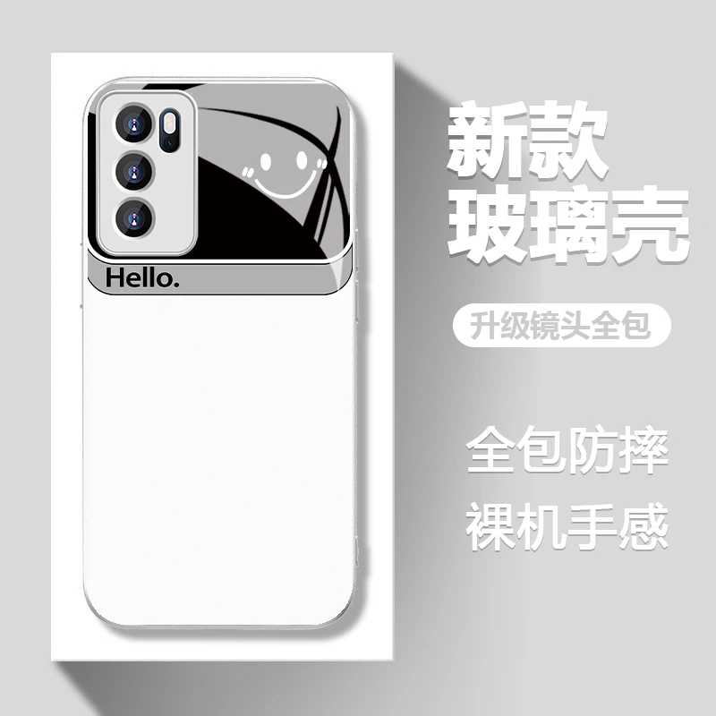 适用于【OPPO】Reno6Pro简约hello笑脸创意流行男女新款玻璃壳