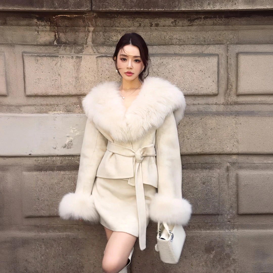 法式气质大毛领毛呢套装女冬季小个子时尚百搭大衣修身半裙两件套