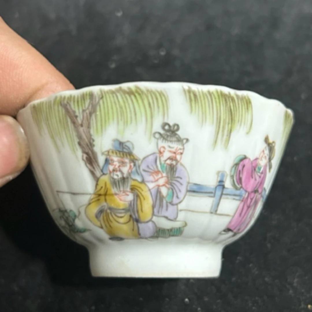 景德镇老瓷厂库存 粉彩人物故事纹瓜棱杯
