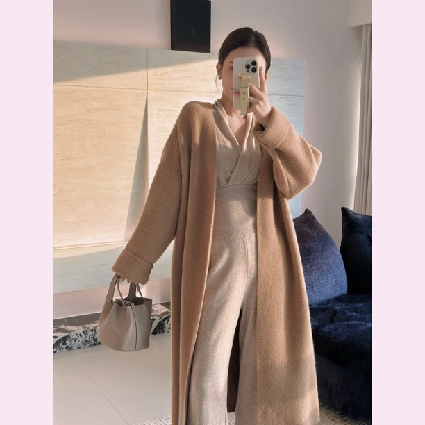 ZYY【棕意温柔】100绵羊毛慵懒风长款毛衣开衫女秋冬宽松保暖外套