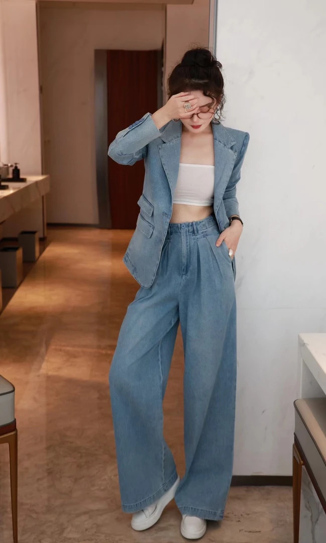 《泳秀精品》设计师款牛仔面料西装套装通勤简约时尚(卡码大拍)