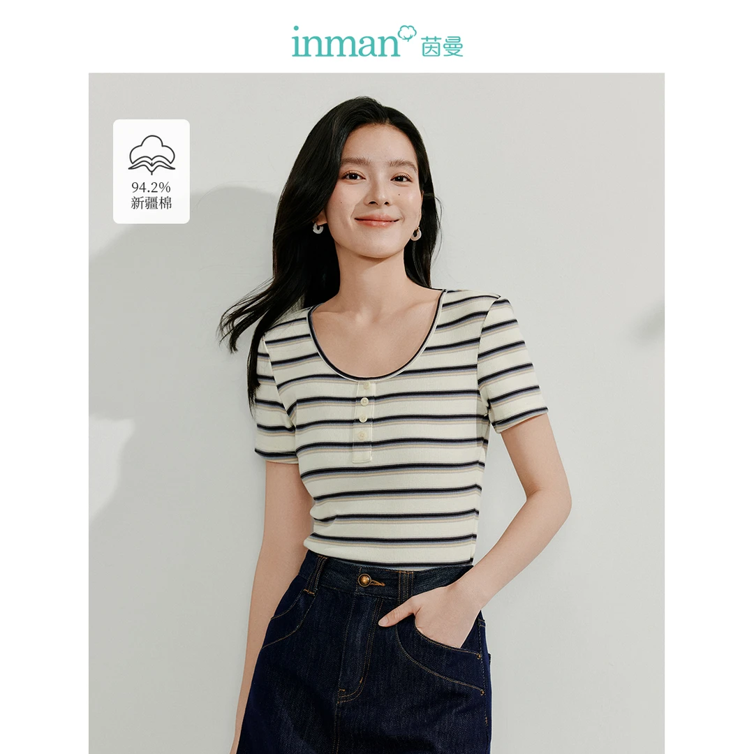 【商场同款新品】茵曼2025夏季法式条纹T恤撞色大圆领显瘦短袖上衣