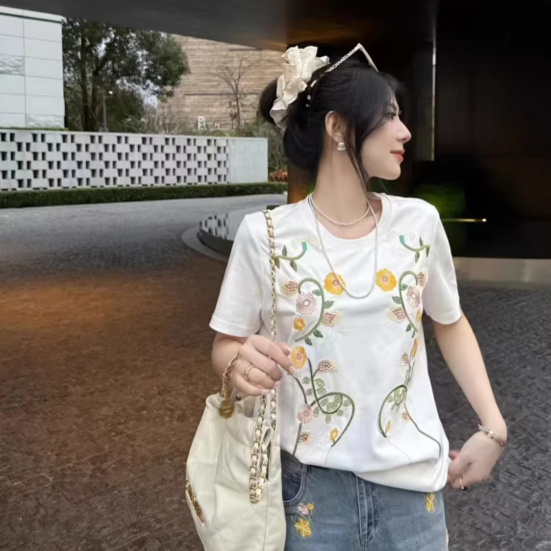 515/25267/135  设计感印花针织刺绣短袖T恤女