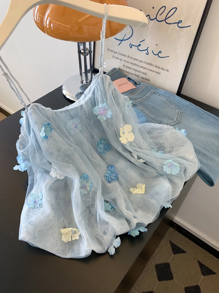 夏日绝美漂亮小吊带背心女夏外穿蓝色露背无袖上衣高级感2025新款