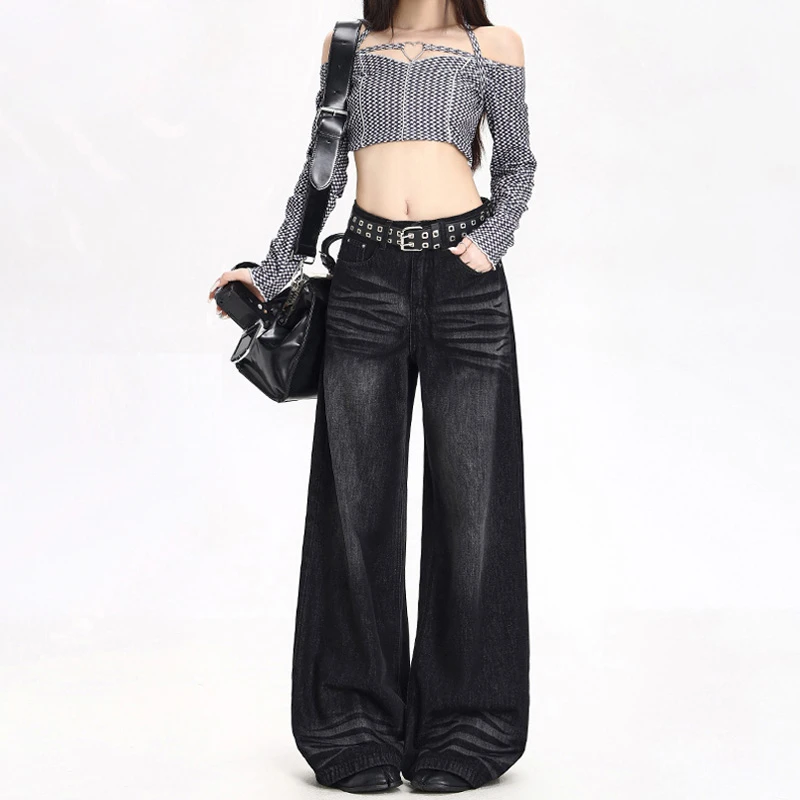 美式黑灰色高腰牛仔裤女2025秋季新款宽松显瘦阔腿直筒垂感拖地裤