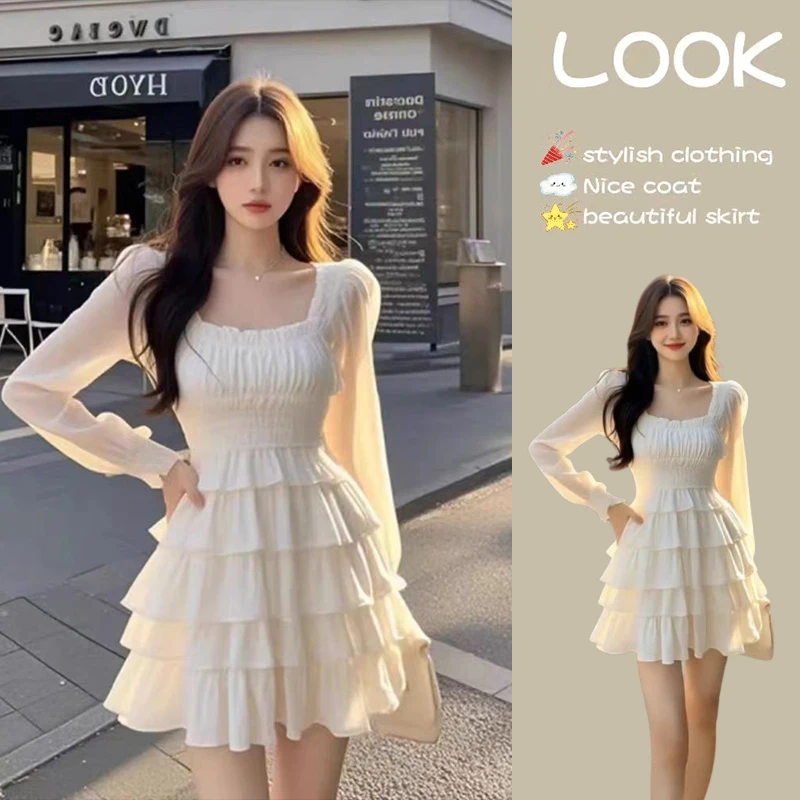 法式绝美气质白色方领连衣裙女装2025春季新款温柔俏皮收腰蛋糕裙