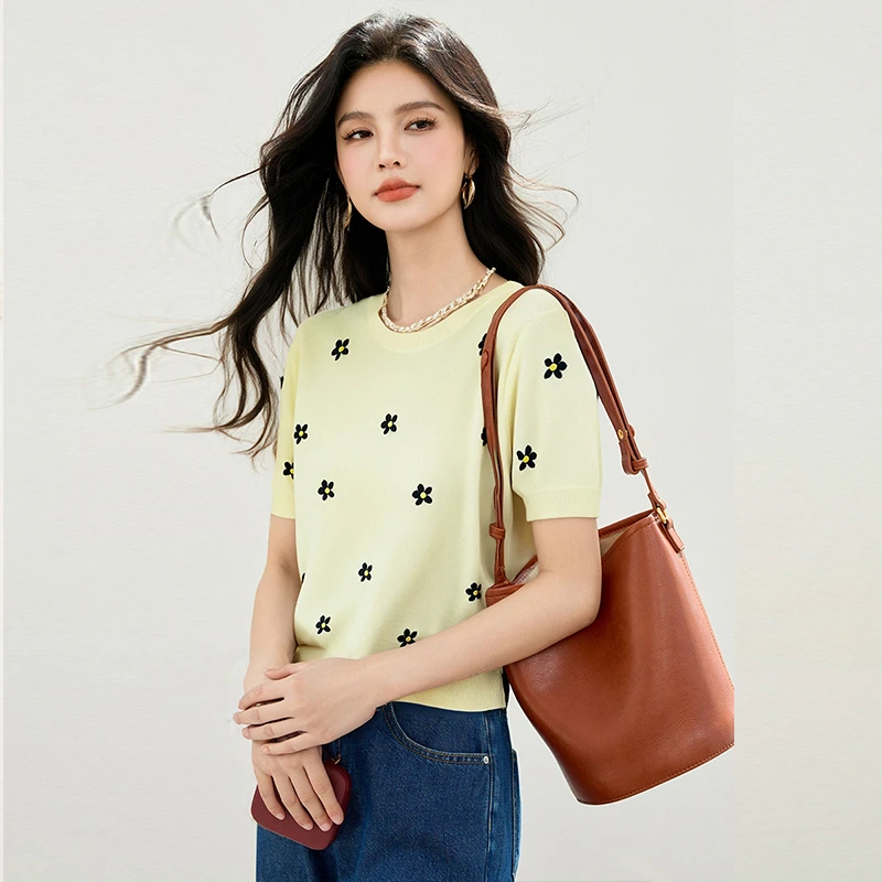 韩版圆领时尚提花短袖针织衫夏季新款气质百搭宽松显瘦洋气上衣潮