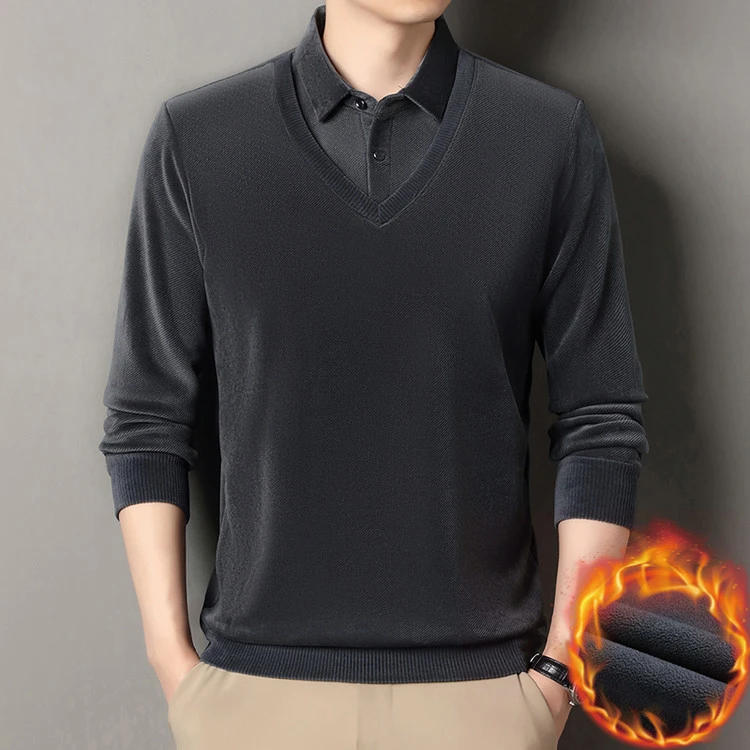 保暖针织男装上衣毛衣秋冬加绒商务针织衫百搭衬衫长袖冬季假两件
