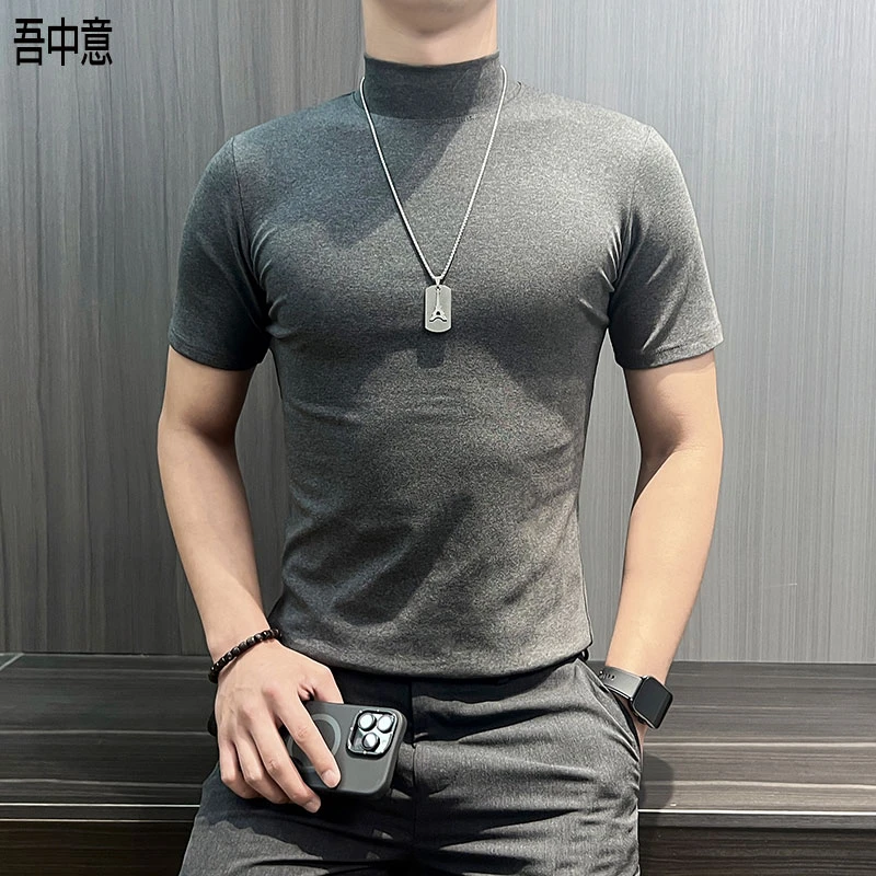 半高领短袖t恤男款爆款2025新款紧身内搭四季款弹力修身打底衫男