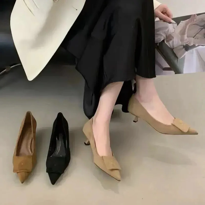 2025秋季新款气质百搭浅口通勤细跟高跟鞋绒面法式尖头复古单鞋