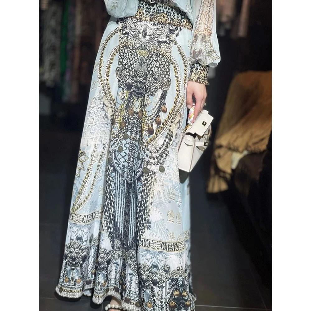 新款宽松胖mm收腰显瘦遮肉大码女装民族风设计感长袖涤纶A字裙202