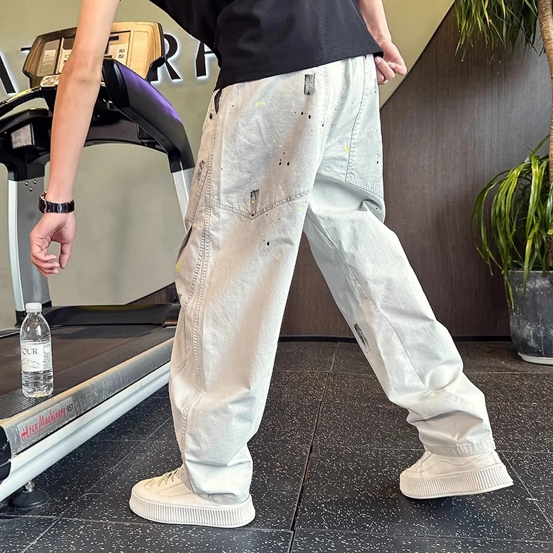 仓石一树男款弯刀直筒裤夏季泼墨印花宽松阔腿裤痞帅慵懒风男装