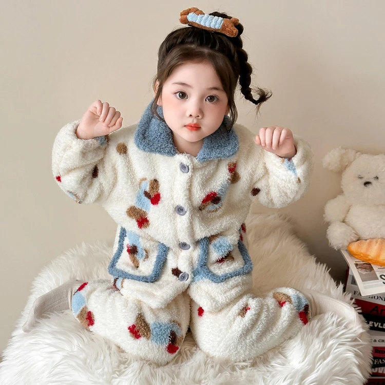 儿童加绒加厚睡衣家居服套装休闲春秋冬卡通女童中小童
