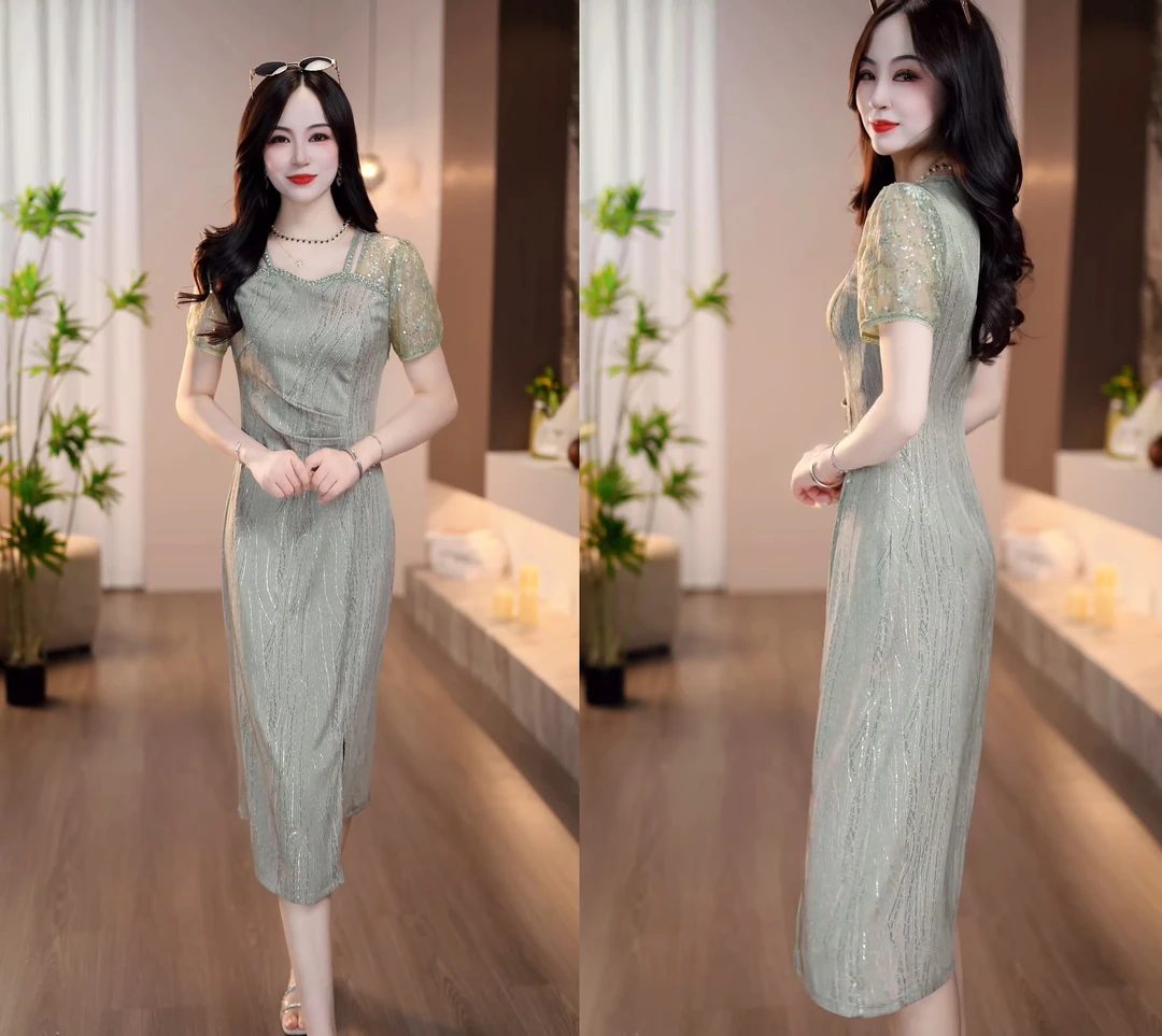 2025夏季新款豆绿色清秀端庄显瘦端庄时尚气质连衣裙M-4XL