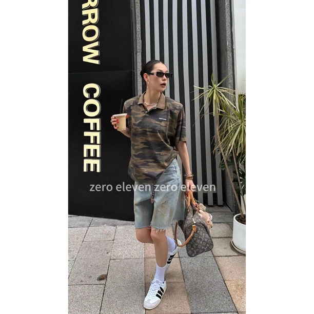zero eleven定制设计感个性水洗POLO领字母刺绣迷彩T恤夏 ZHL2221