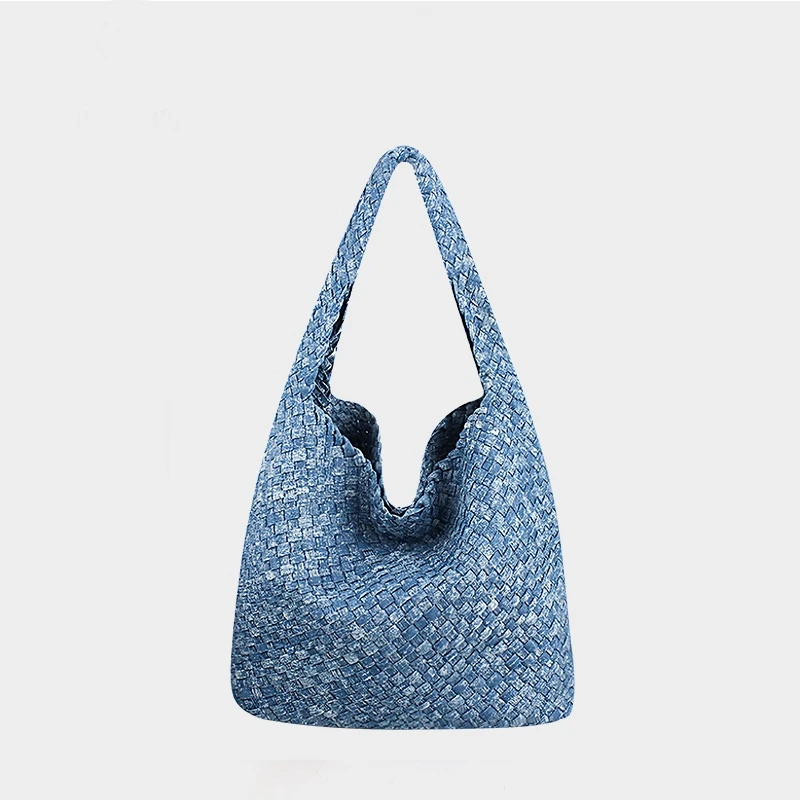 编织托特包时尚牛仔百搭女士通勤大容量腋肩大包手提包