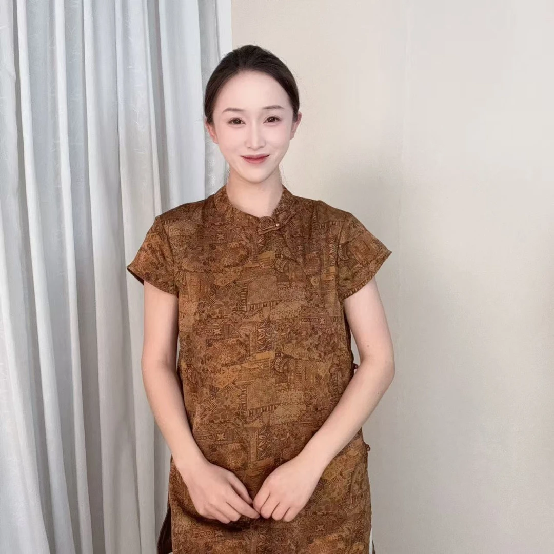 【丝韵】夏季薄款新中式国风香云纱飞飞袖老料奥黛短袖-CSZ