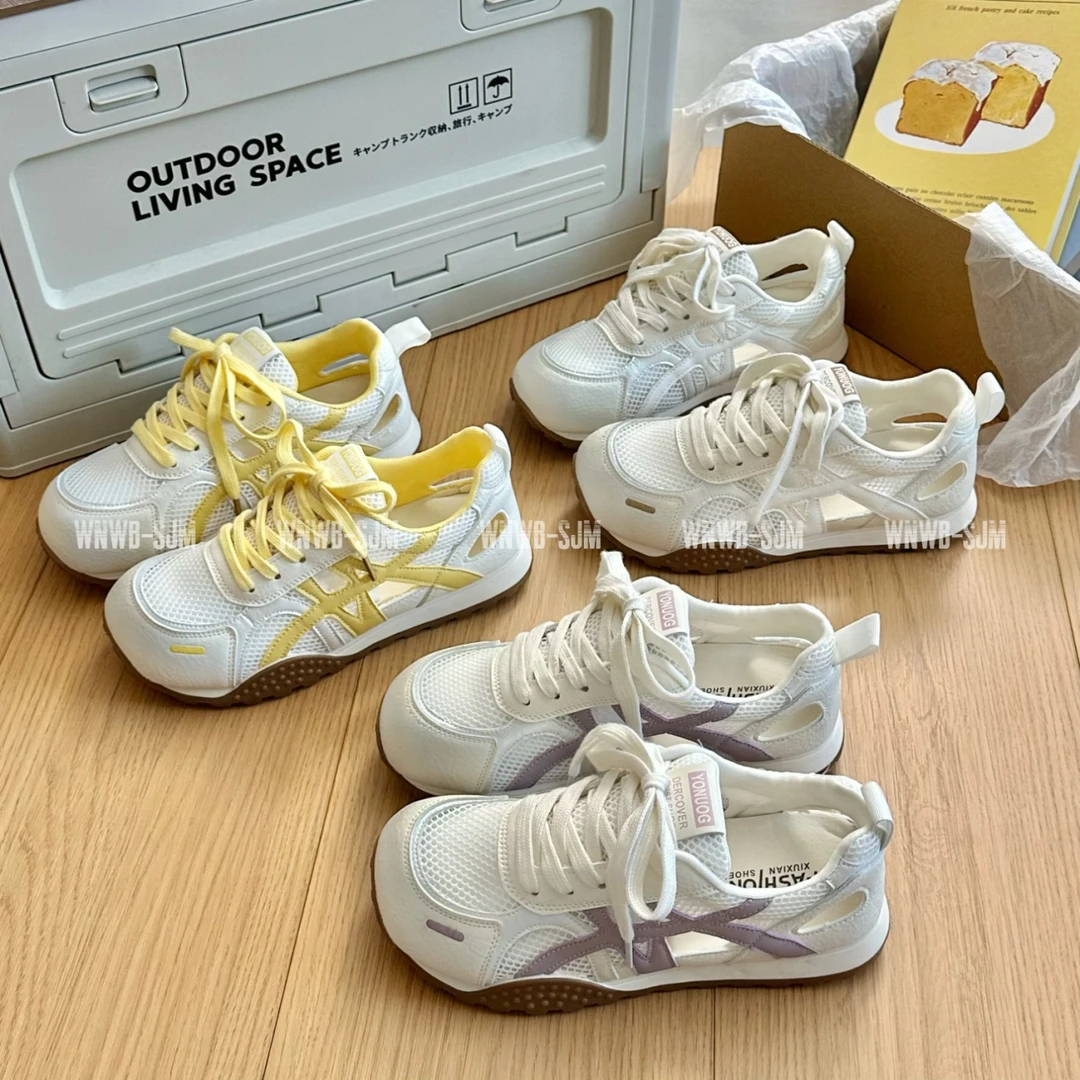 2025新款厚底薄款拼色镂空德训鞋女舒适显脚小女士增高透气阿甘鞋