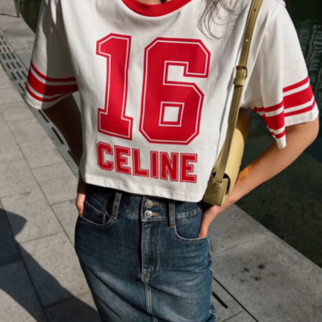 99新 Celine/思琳 2cc219/撞色字母印花圆领短袖截上衣 棉 M码