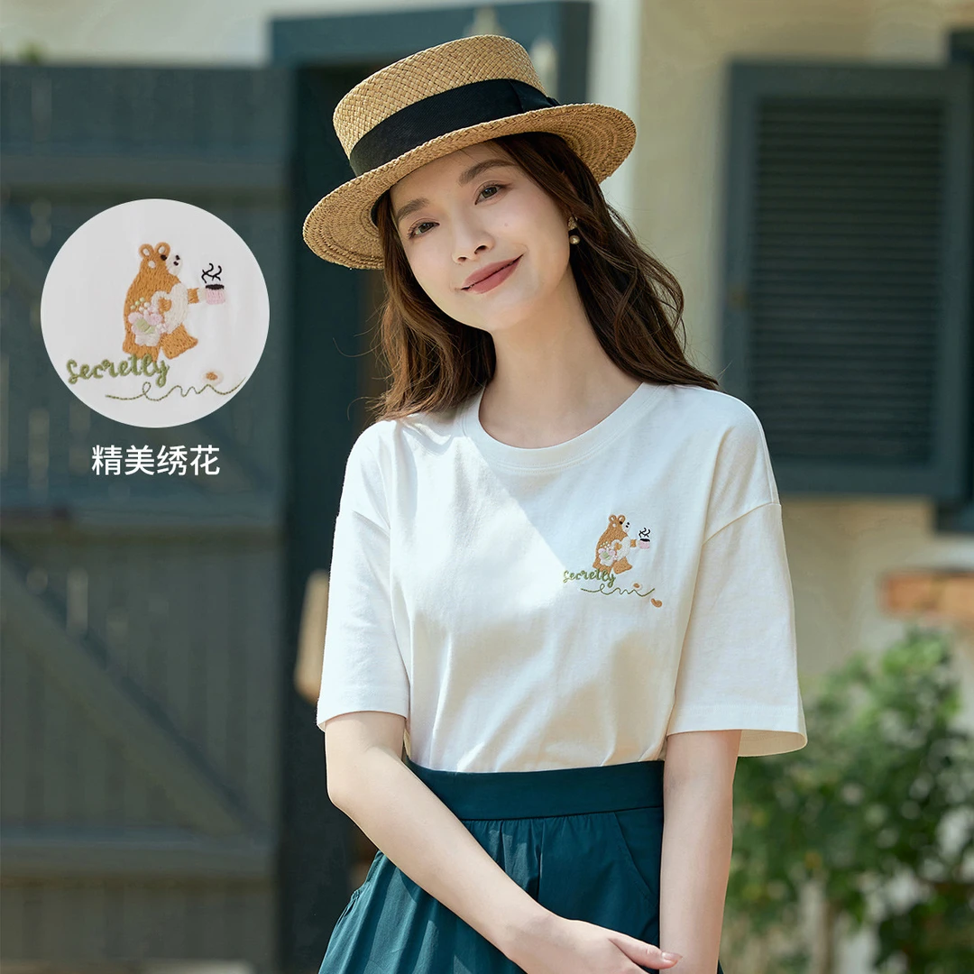 茵曼刺绣短袖白T恤女25夏季新款女装时尚宽松百搭休闲纯色上衣