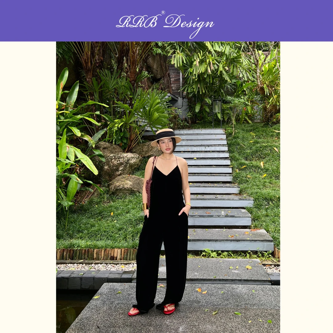 RRB Design「摩登时代」修身显瘦丝绒吊带连体裤时尚直筒裤