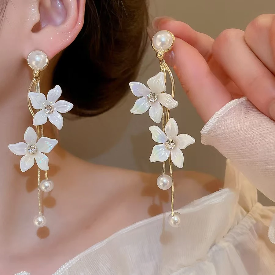 合金亚克力耳饰 【花开似梦】小众长款甜美花朵珠珠流苏耳钉