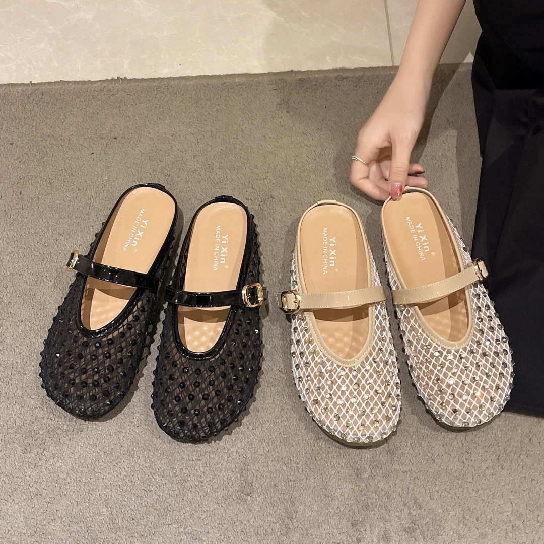 F外穿包头半拖鞋女2025夏季新款高级感水钻玛丽珍鞋小香风拖鞋