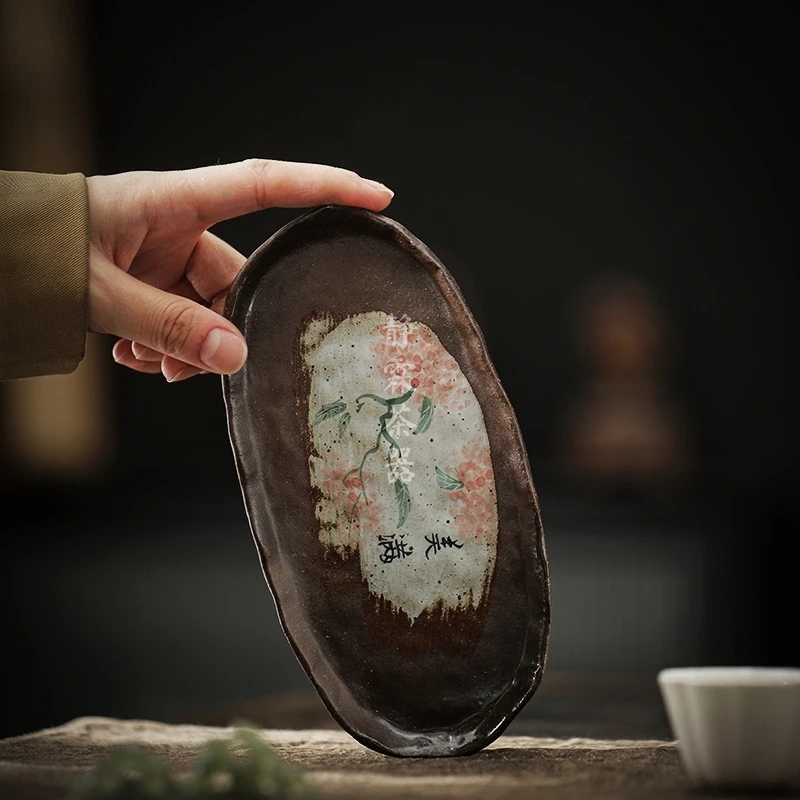 静霖 美满墨绘干泡盘复古茶点盘纯手工陶瓷壶垫创意泡台