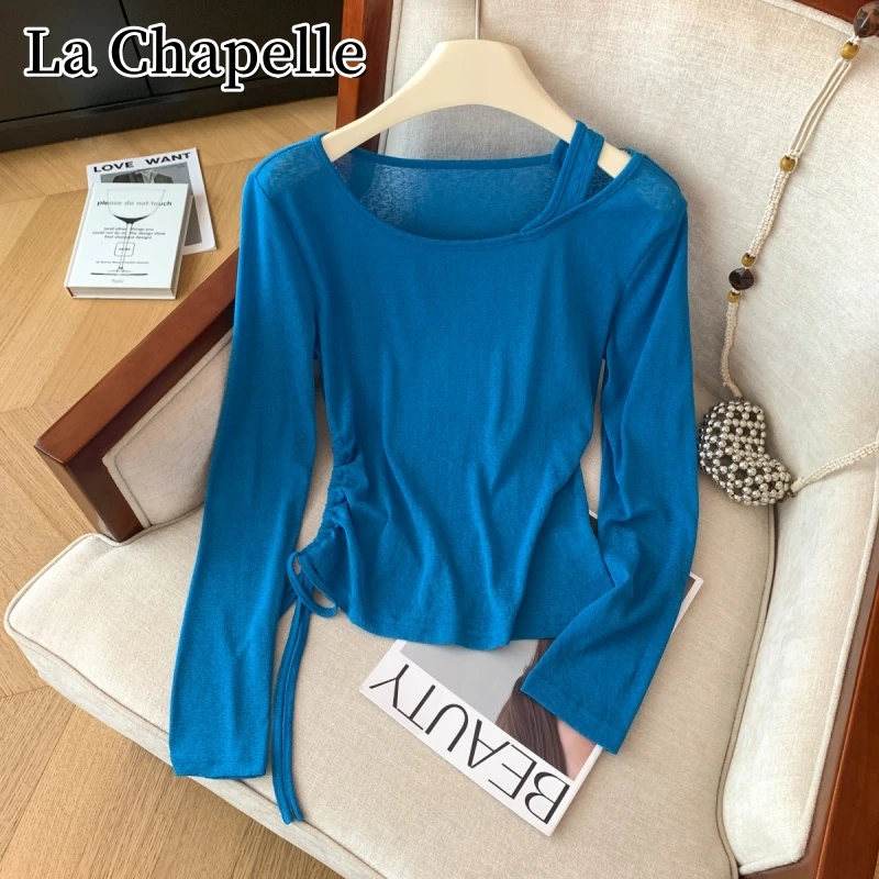 拉夏贝尔秋季新款蓝色露肩洋气抽绳长袖T恤百搭修身显瘦打底上衣