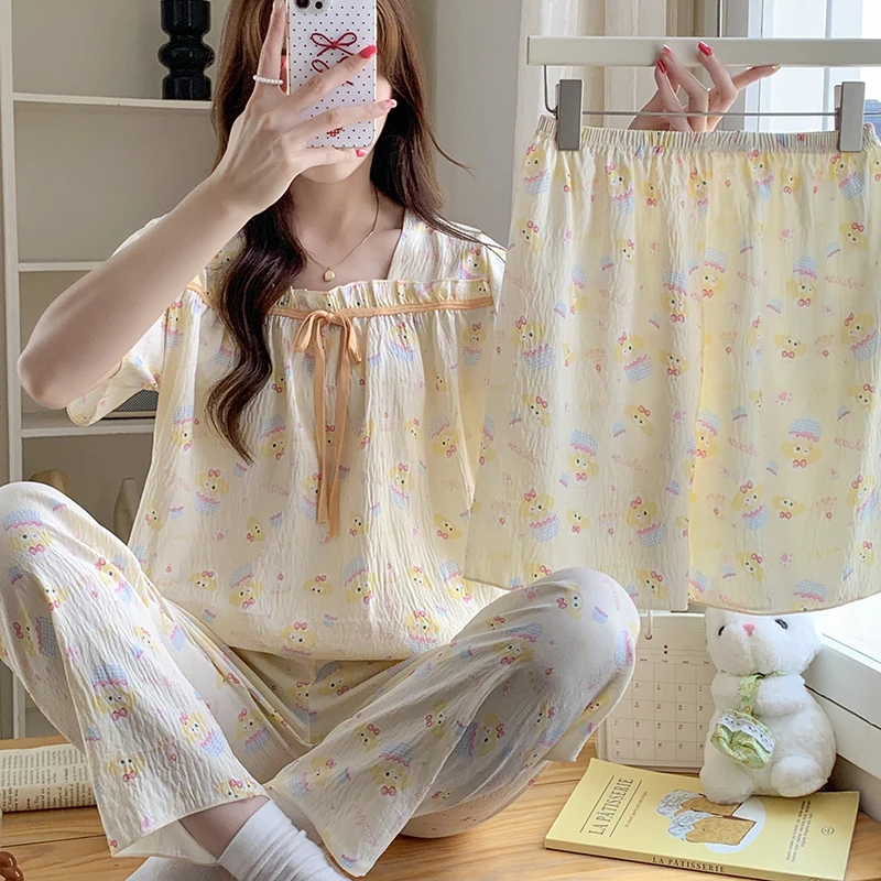 【星】夏季卡通居家睡衣女ins短袖长裤短裤三件套家居服套装5048