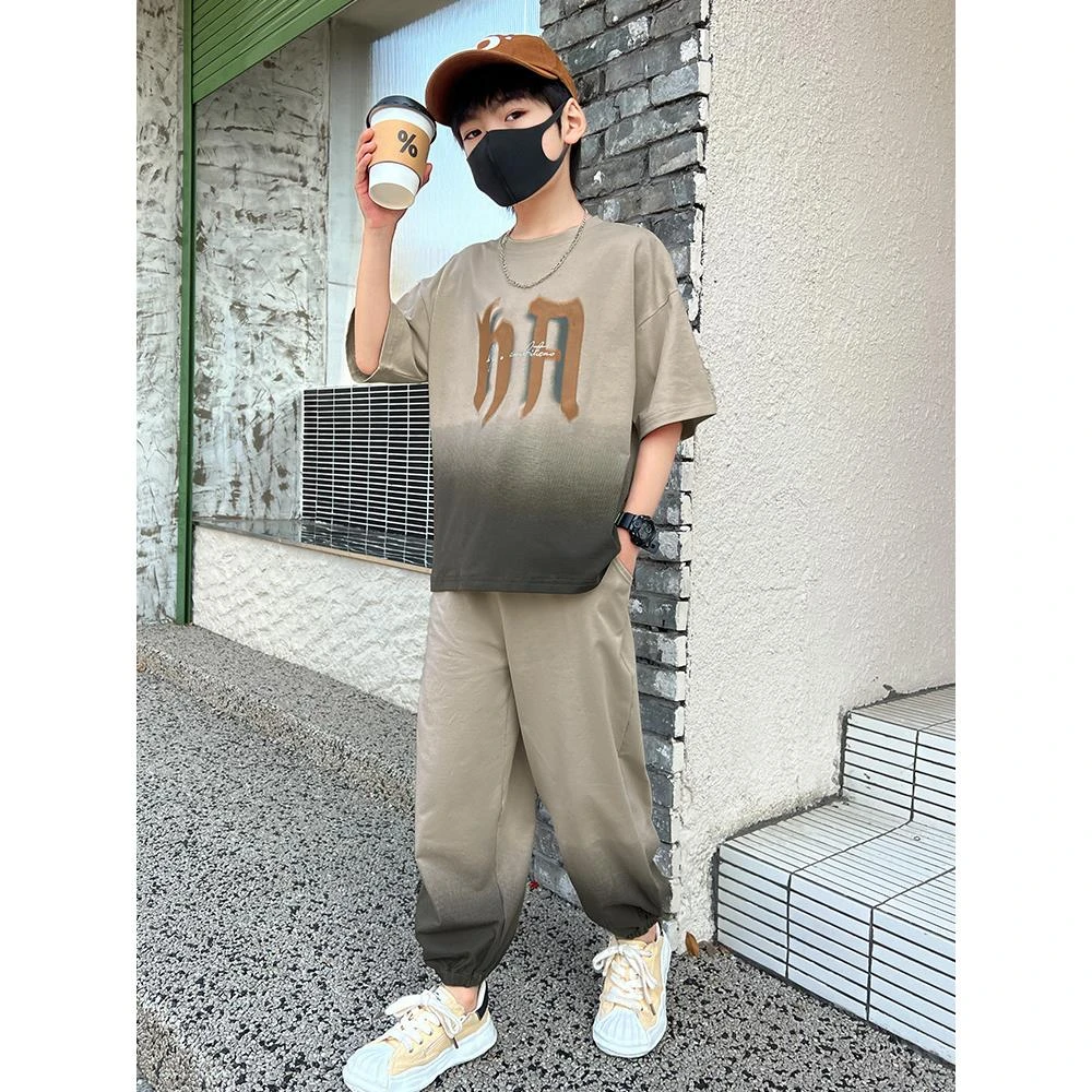 儿童装男童夏装套装2025新款中大童夏季薄款渐变男孩短袖运动衣服